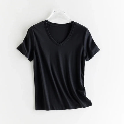 High-end New 10% Silk & Mercerized Cotton Women T-shirt Luxury Tee Short Sleeve Silky Feeling Summer Wear 2025 Tops V / O-neck