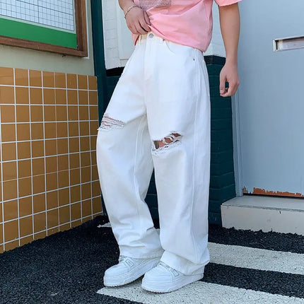 2026 Trendy Brand White Ripped Wide-Leg Jeans for Men Loose Straight-Leg Casual Cool Style
