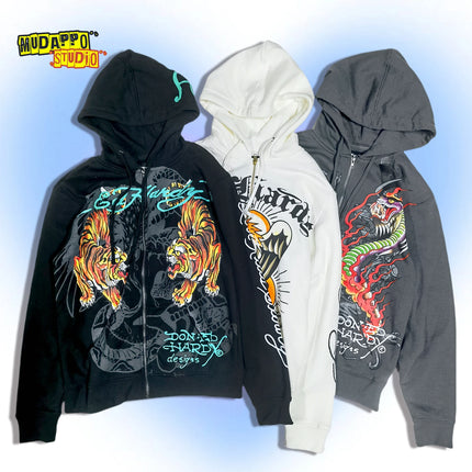 Retro American Rock Print Fleece Lined Hoodie Jacket for Women Punk Street Style Zipper Closure Long Sleeve Oversized Sweatshirt