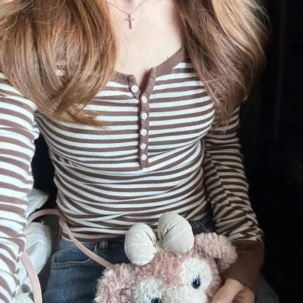 Six Buttons Ribbed Long Sleeve T-shirts Women Spring Round Neck Cotton Slim Tee Top Female Sweet Cute Pink Tshirt Y2k Tops New