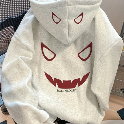 American High Street Cartoon Devil Eye Print Men Women Hooded Sweatshirt Autumn Winter Daily Outdoor Casual LooseWarm Sportswear