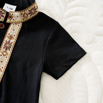 Ethnic Retro Lace Black Design 100% Cotton Soft&Comfortable 2025Newborn Summer0-18Months Boys and Girls Baby Short-Sleeve Romper