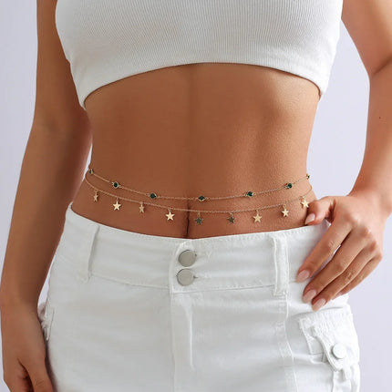 Beach Bikini Waist Chain Simple Double-layer Rhinestone Pentagram Pendant, Versatile Female Sexy Crystal Body Chain