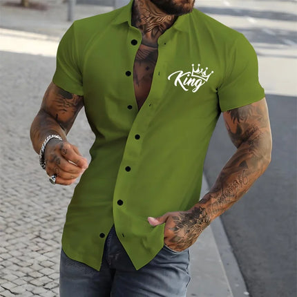 2026 New Men's Short-Sleeve Shirt, Stylish Crown Print Pattern, Slim Fit, Versatile, Simple Shirt, Multiple Colors Available