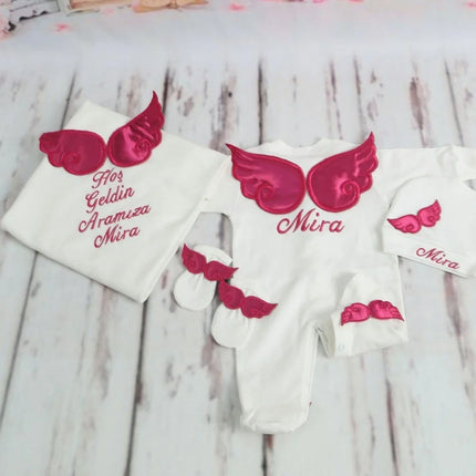 Personalized Name Baby Coming Home Outfit Angle Wing Infant Cotton Romper Onesie Blanket Pregnancy Embroidery Laurel Tree Gift