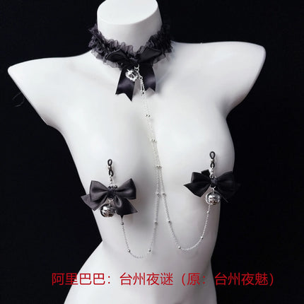 Black Lace Nipple Clamps Bell-Adorned Bow Collar SM Set Leash Training Sexy Accessories for Women Fetish Adult Sex Toys 18+