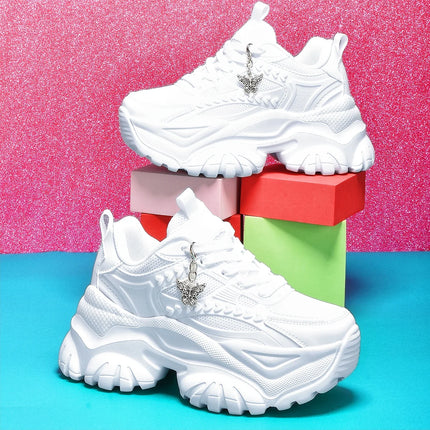 Women's Lightweight 7cm White Thick-Soled Trbottomyy Versatile Fashionable Casual Vulcanized Shoes with Silver Butterfly Decorative Pendant Chain Shoes High Water Platform Trbottomyy Versatile White Women's Comfortable Soft-S