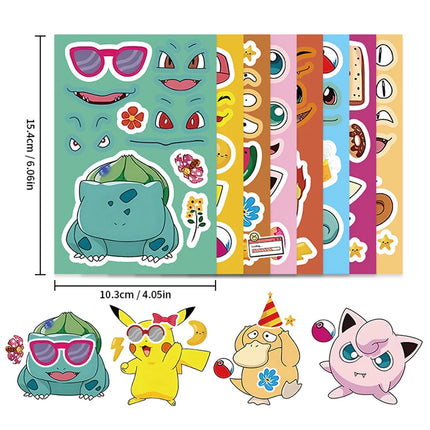8/16sheets Kawaii Cute Anime Pokemon Pikachu Puzzle Stickers Make a Face DIY Funny Cartoon Assemble Jigsaw Educational Toy Decal