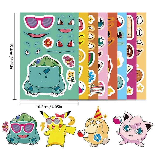 8/16sheets Kawaii Cute Anime Pokemon Pikachu Puzzle Stickers Make a Face DIY Funny Cartoon Assemble Jigsaw Educational Toy Decal