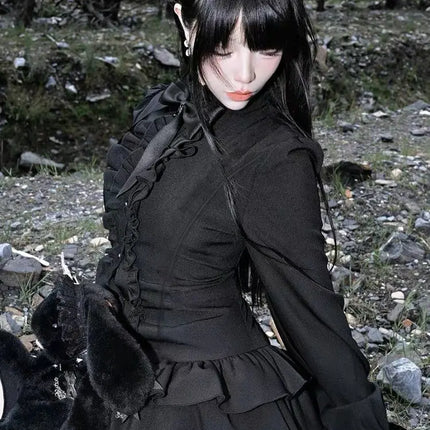 Gothic Vintage Lace Y2k Mini Dress Women Design Streetwear Black Lolita Slim Dress Long Sleeve Elegant Dress Spicy Girls