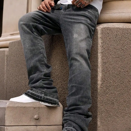 Mens Washed Light Blue Jeans Loose Straight Leg Bell Bottom Pants High Street Fashion Casual Trousers