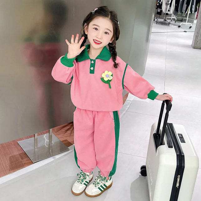 Spring Set Children's Sportswear Suit Girls Flower Top Pants 2 Piece Autumn Lapel Long Sleeve Sweatshirt Outfit Kids Clothing