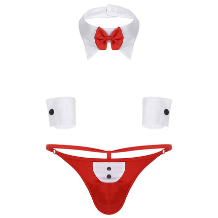 3Pcs Mens Waiter Tuxedo Lingerie Sexy Cosplay Costume Open Back G-string Jockstraps Underwear with Bow Tie Collar and Bracelets