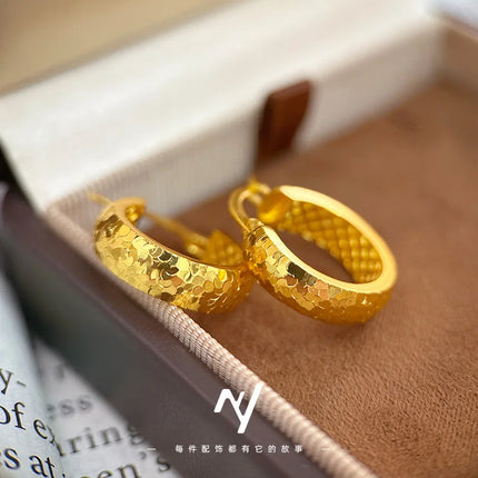 Crushed ice 9999 24K real gold earrings, earrings for women, fashionable versatile ear jewelry  gift