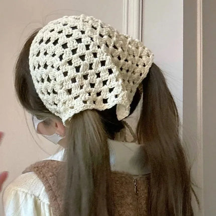 Bohemian White Cotton Lace Triangle Hair Scarf for Women Knitted Flower Hollow Out Headband Wraps Hair Waist Decoration Outfits
