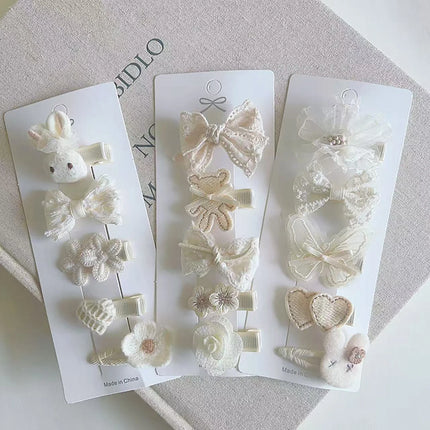 5PCS/Set Lace Bow Princess Baby Hairpins Cute Cartoon Bear Rabbit Sided Clips for Girl Floral Hair Clips Kids Hair Accessories
