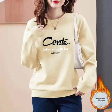 Thickened Fleece Women's Sweatshirt All-Match Comfortable One-Piece Velvet Winter Fashionable Cotton round Neck Printed Top