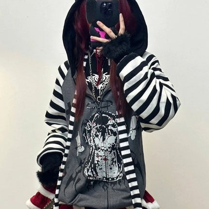 Gothic Y2k Coats Harajuku Gothic Women Hooded Zip Up Patchwork Japanese Fashion Sweatshirts Slim Gyaru Grunge Autumn Jackets