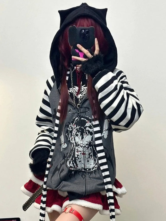 Gothic Y2k Coats Harajuku Gothic Women Hooded Zip Up Patchwork Japanese Fashion Sweatshirts Slim Gyaru Grunge Autumn Jackets