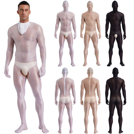 Men's Glossy Bodystocking Full Body Suit See-though Stretch Nylon One Piece Overall Catsuit with Head Mask Underwear Clubwear