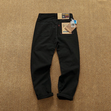 Advanced Washed Black American Retro Distressed Straight Jeans for Men Autumn and Winter Heavyweight Thick Simple Loose Trousers