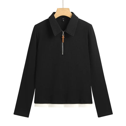 False Two-piece Design Polo Collar Shirt Women's Long Sleeve Cotton T-Shirt Solid Color Business Casual Blend Top Fashion Style