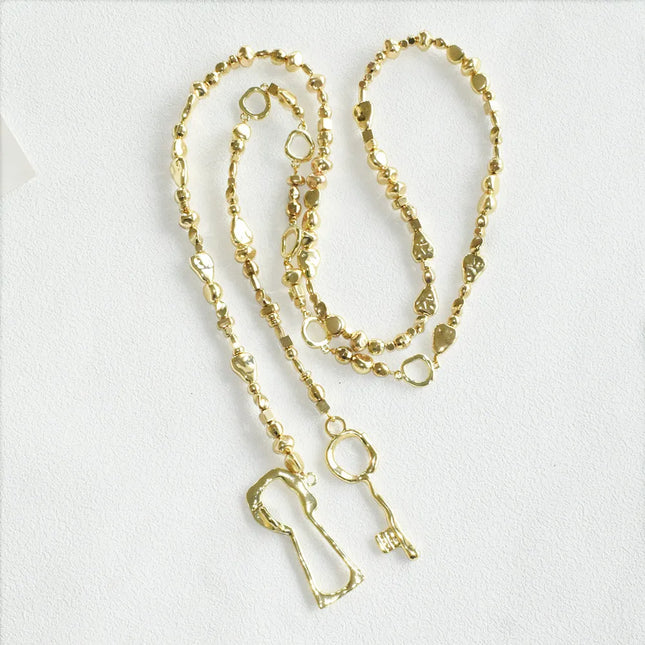 Fashion Women Plastic Beads With Alloy Lock Key Pendant Waist Chain Jewelry Elegant Sweater Long Necklace Accessories