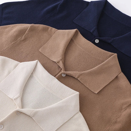 2025 Spring/Summer New Men's Short Sleeved 100% Cotton T-Shirt Sweater POLO Collar Loose Knit Pullover Business Casual Tops