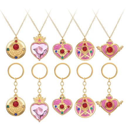 Anime Cartoon Moon Tsukino Usagi Enamel Keychain Necklace for Women Girl Magic Brooch Aino Minako Pin Cosplay Jewelry Gift
