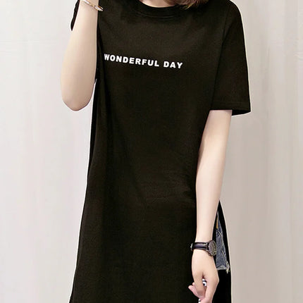 WONDERFUL DAY Print Long T shirts Summer Women Loose Slit Femme Tops  Tshirt Short sleeve Ladies t-shirt