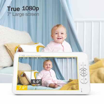 Babystar 7" HD Split Screen Video Baby Monitor No WiFi, Baby Camera Monitor, Hack Proof, Remote Zoom/Pan/Tilt, 4000mAh Battery