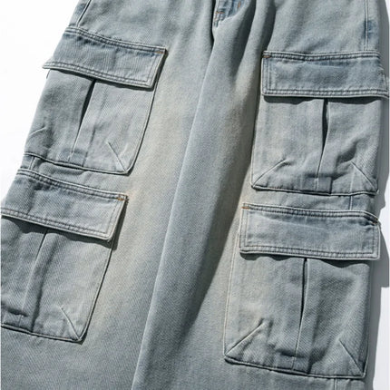 Men's new multi pocket workwear design jeans retro washed Japanese and Korean casual pants loose pants soft and cool
