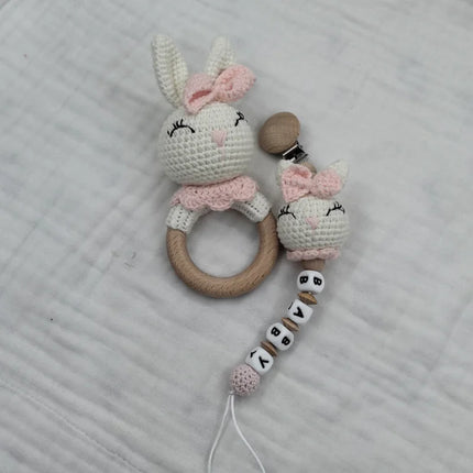Baby Rattle Crochet Bear Teether Rattle With Bells Pacifier Chain Newborn Montessori Educational Toy Wooden Rings Baby Toys