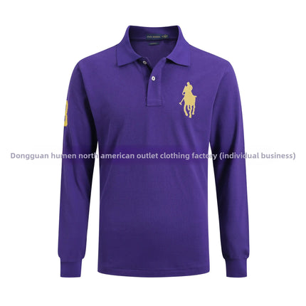 Long Sleeve Pure Cotton Polo Shirt Men's Embroidered Polo Neck T-Shirt Casual Spring Autumn British Style Loose Fit Solid Color