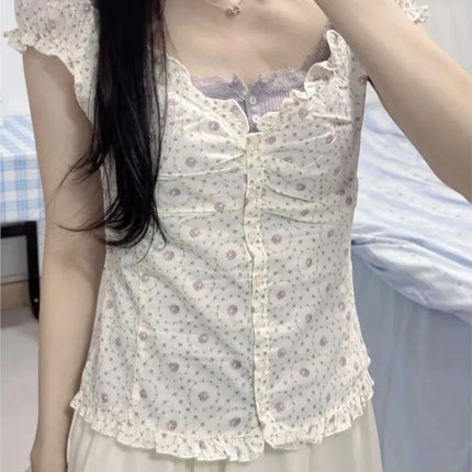 Blue Striped Folds Blouse Top Women New Casual Single Breasted Ruffle Sleeveless Tank Tops Vest Sweet Preppy Style Camisole Y2K