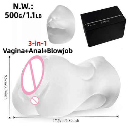 3-IN-1 Pocket Pussy Food Grade Silicone Male Masturbator Realistic Vagina Anal Blowjob Adult Sex Toys for Men Masturbation Cup