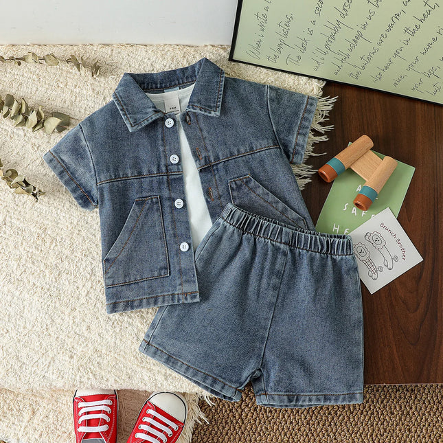 2025 Summer Baby Solid Denim Short Sleeve Set Boys/Girls' Denim Shirts & Shorts Two Piece Set Simple Casual Fashion Streetwear