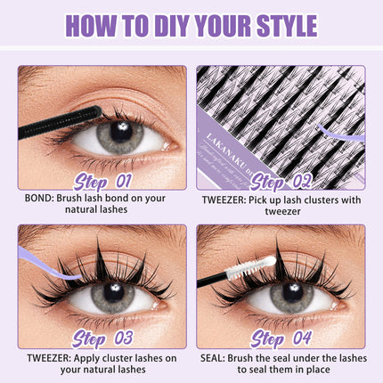 LAKANAKU 168 Fans Diy Cluster Lashes Cat Eye Lashes Invisible Band Premium Mink Manga Lash Clusters