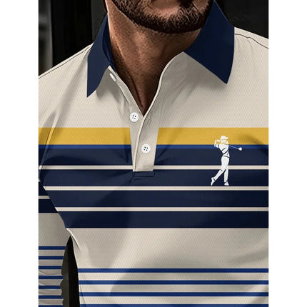 Men's long-sleeved striped polo shirt, men's high tie button, double-sided German velvet shirt for winter