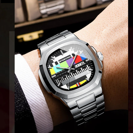 BINBOND Creative TV Dial Men's Watches New Fashion Original Retro Design Luminous Quartz Wristwatch For Man With Calendar Week