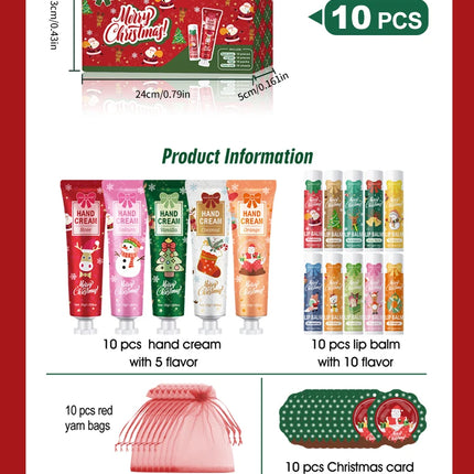 Christmas kit-10 sets/box hand cream kit, lip balm set, with Santa Card and red gift bag, party gift distribution