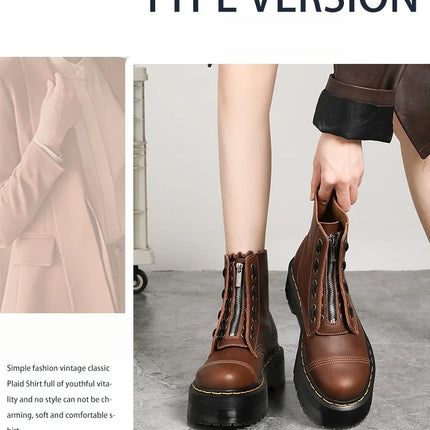 Women Boots Genuine Leather Platform Boots Motorcycle Shoes Front Zipper Optical Soles Fashion Sexy Punk Luxury Men Winter Boots