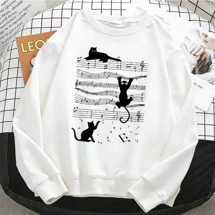 Japanese Style Music Cat Womens Solid Hoodies Basic Warm Fleece Sweatshirt Soft Streetwear O-Neck Pullover Casual Female Clothes