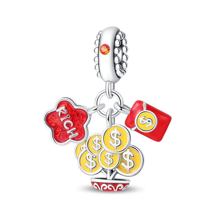 Lucky 925 Sterling Silver Money Tree Lucky Cat God of Wealth Dollar Treasure Charm Fit DIY Bracelet Necklace Good Luck Wish Gift
