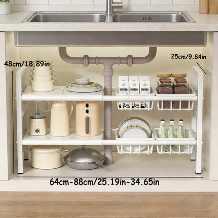 Under-Sink Kitchen Storage Rack/Shelf, Extendable, Single/Double Layer Storage Solution, Made of Steel, Perfect for Kitchen Use, Ideal for Laundry Rooms, under the Sink, Maximizes Space, Easily Stores Various Bottles and Spic