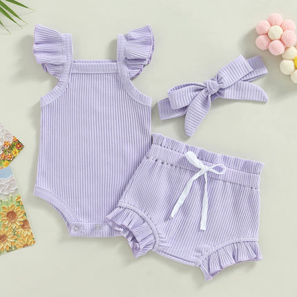 2021 Baby Summer Clothing Baby Girl Tops, Lace Up Pants Suit, Square Neck Short Ruffle Sleeve Romper, Loose Flouncing Shorts