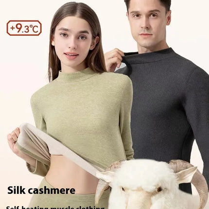 Winter Cashmere Silk Semi-High Neck Thermal Underwear Women's De Velvet Fever Fall Pants Suit Padded and Thickened Couple Suit