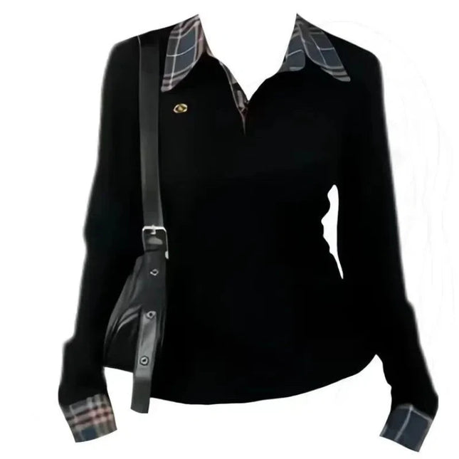 Polo Neck Plaid Patchwork Embroidery T Shirts Spring Autumn Fake Two-piece Slim High Street Tops Fashion Casual Women Clothing