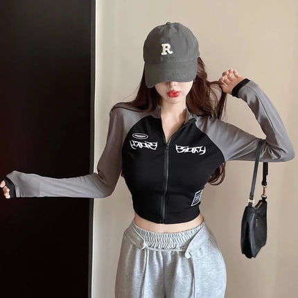 Korean Retro Motorcycle Half High Neck Short Zipper Cropped Top Spring Autumn Spicy Elastic High Waist Long Sleeve T-shirt