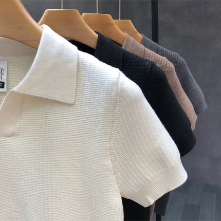 Men's Polo Neck Short Sleeve Knitted Sweater Slim Fit Summer Fashion Turn-down Collar Base Shirt Casual Style Pure Color